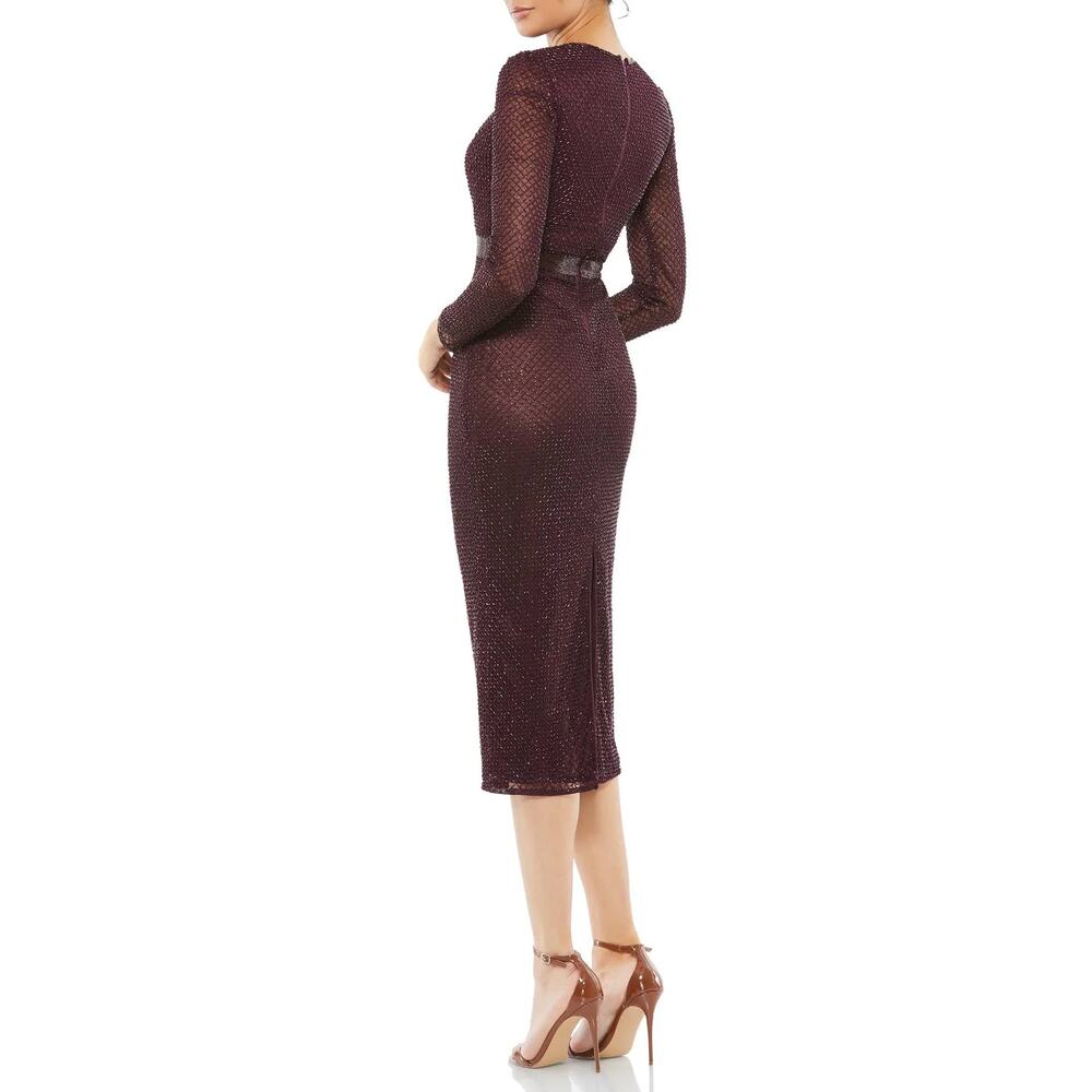 Mac Duggal Bugle Bead Long Sleeve Midi Dress – Eggplant Purple – Size 10 – NWOT - Picture 2 of 15